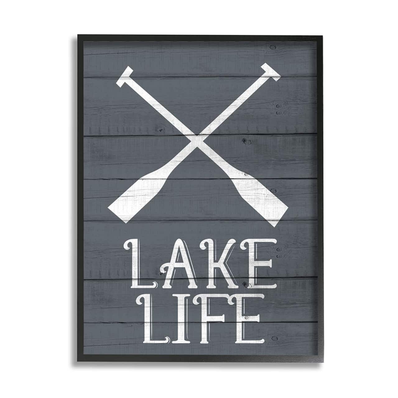 Stupell Industries Nautical Blue Lake Life Phrase Rustic Boat Oars Black Framed Wall Art